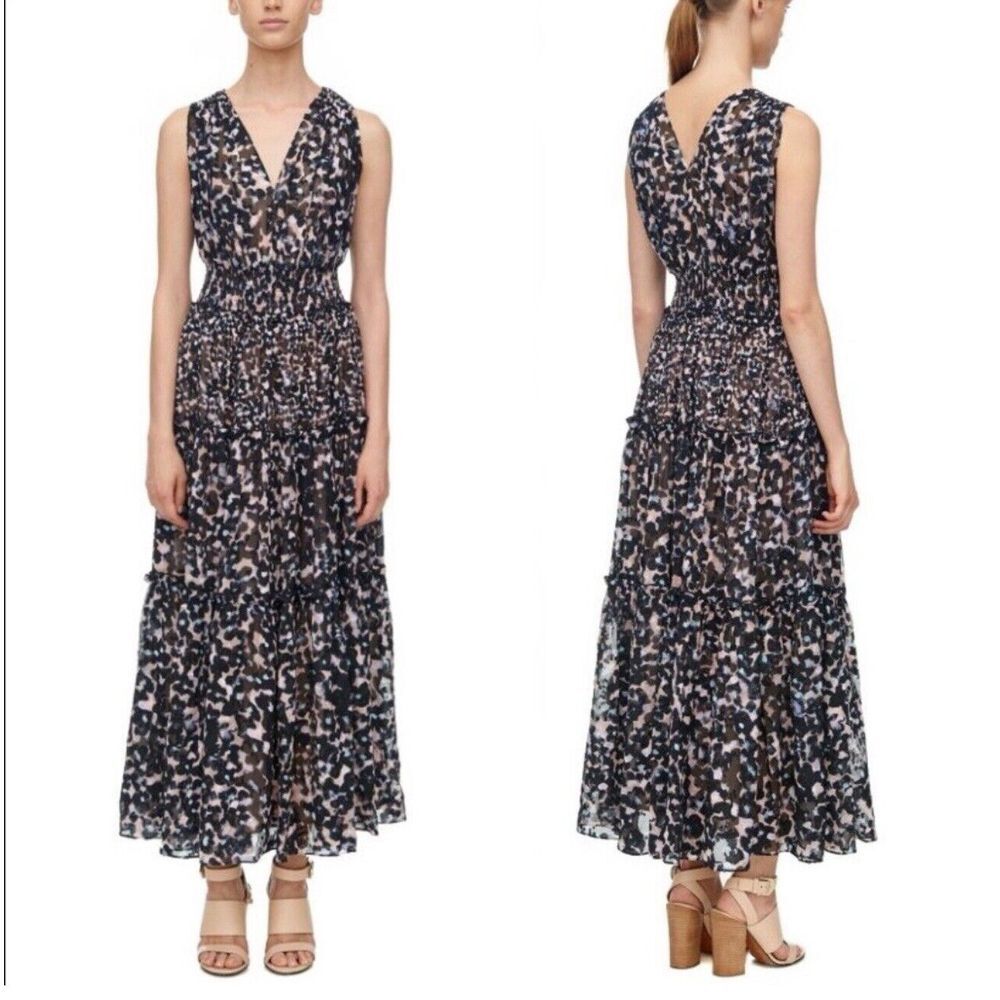 Rebecca Taylor Oleander Leopard Print Silk‎ Blend Smocked Midi Maxi Long Dress 6